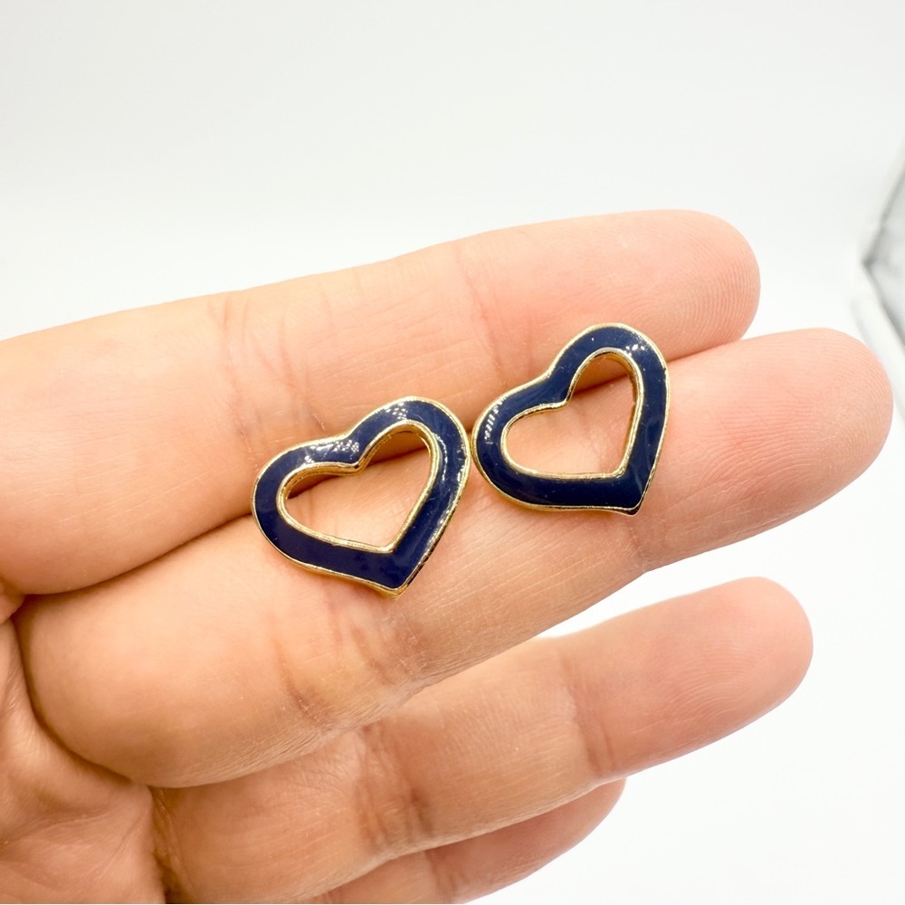 Vintage Navy Blue Enamel Open Heart Earrings